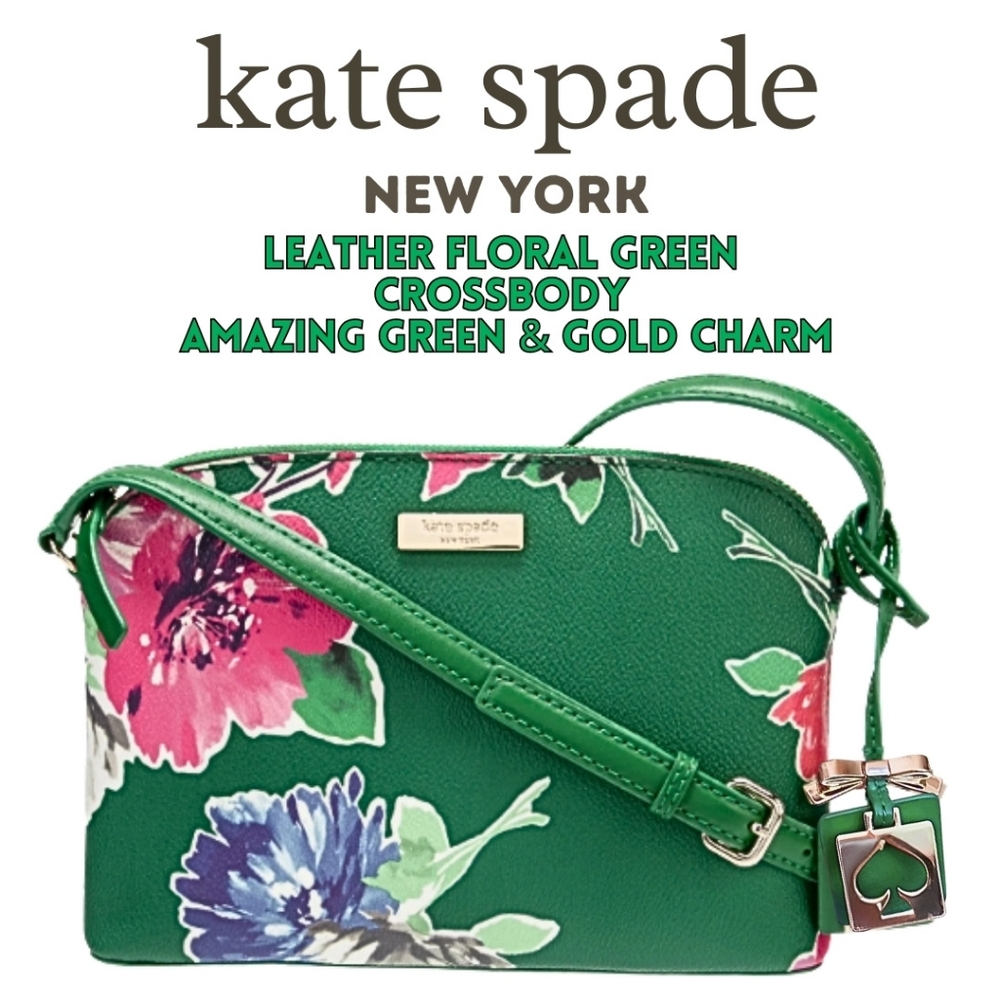 KATE SPADE NEW YORK Leather Green Floral Print Crossbody Bag Logo Gold Charm